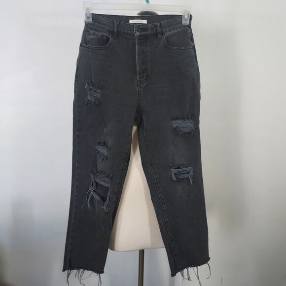 PacSun Distressed Crop Jeans Button Fly Womens Size 26 Black Ripped Fringe - Picture 2 of 16